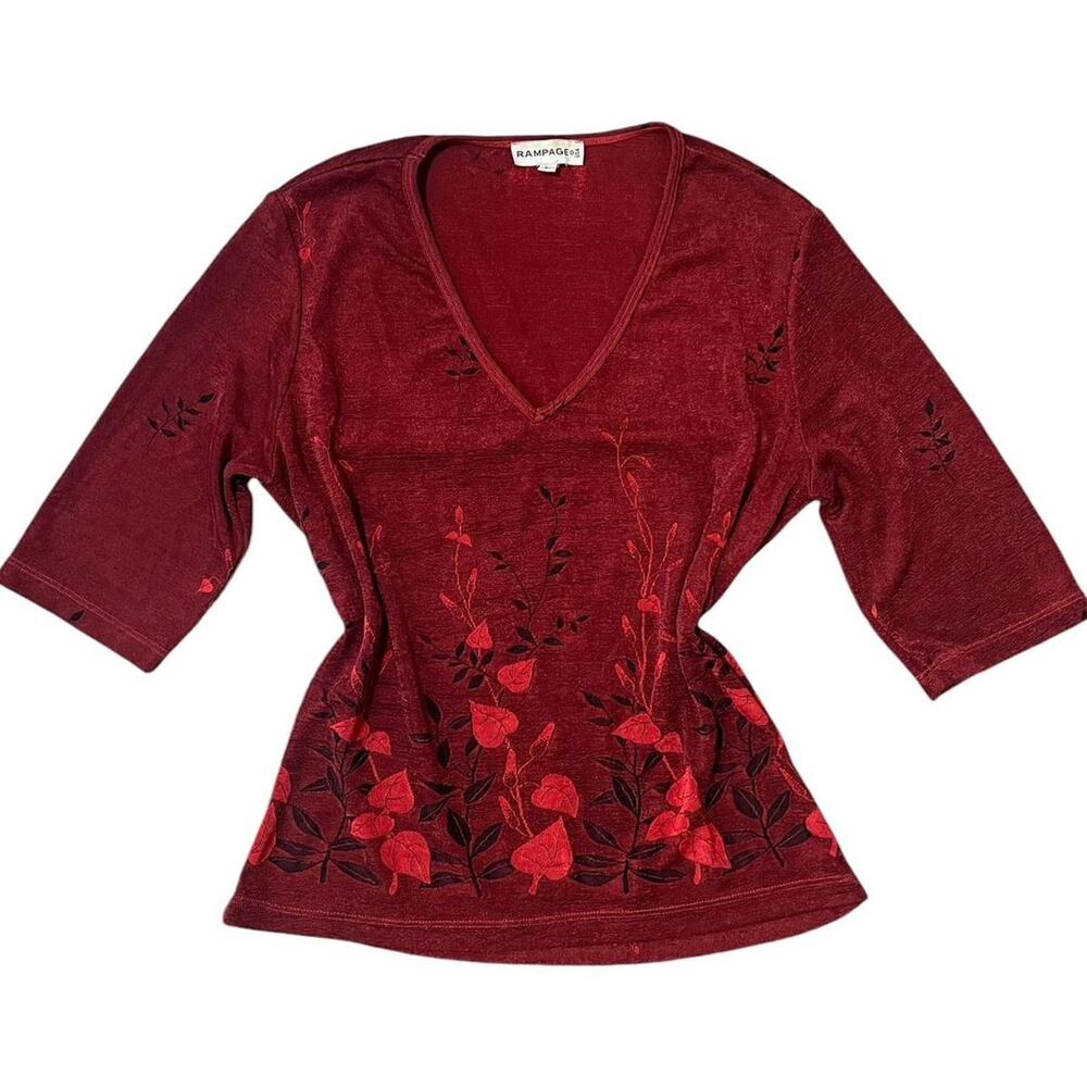 VTG 90s RAMPAGE Deep Romantic Red & Black Slinky Mid Sleeve Whimsygoth Top L